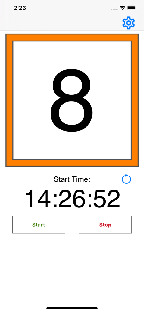 Start-Time - Captura de pantalla de la aplicación Start-Time que muestra un reloj de salida por intervalos y una cuenta atrás