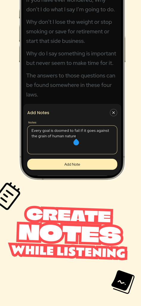 Readio Ai - PDF to Audio Book - Mobile screen showing the feature to create notes while listening to a PDF converted to audio