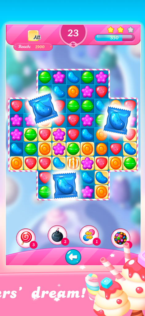 Candy Match 3: Sweet Lands - Gameplay screen of Candy Match 3 Sweet Lands showing a puzzle board with colorful candies and game boosters