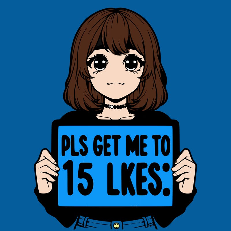 realistic girl holding up a sign that says “pls get me to 15 likes!”