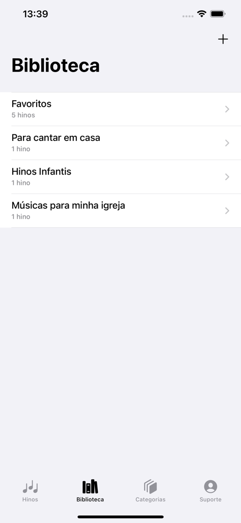 Novo Hinário Adventista - Tela da biblioteca do aplicativo Novo Hinario Adventista mostrando playlists de hinos personalizados como Favoritos e Hinos Infantis