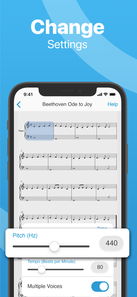 Sheet music scanner app settings screen showing pitch and tempo adjustments