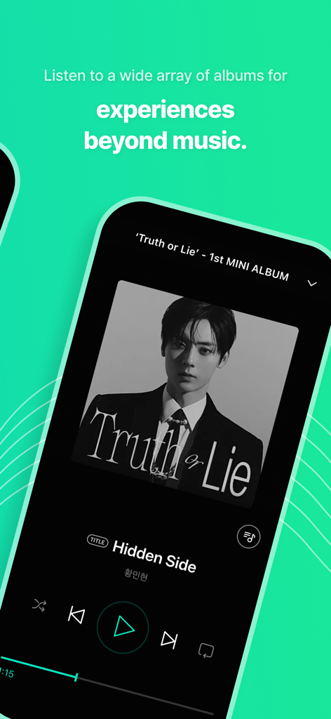 A mobile phone screen showing the Weverse Albums music player interface with a K-pop artist album cover and playback controls.