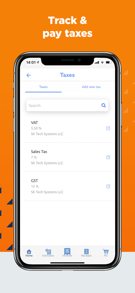 Simple Invoice Maker & Receipt - Pantalla de la aplicación móvil para gestionar y rastrear impuestos comerciales como el Impuesto sobre las Ventas y el IVA.