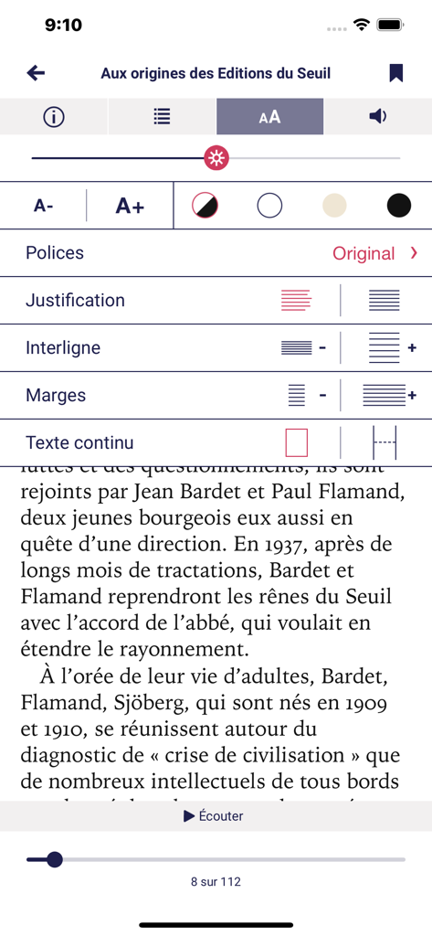 Baobab app e-book reader showing font and layout customization settings.