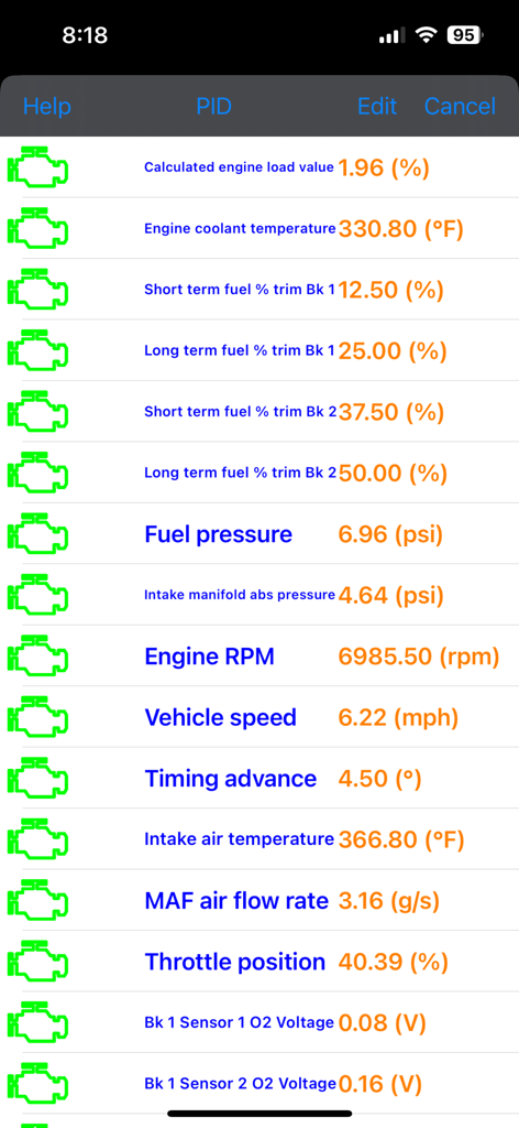 LELink Scanner - Real-time engine performance parameters and sensor readings on the LELink Scanner app screen.