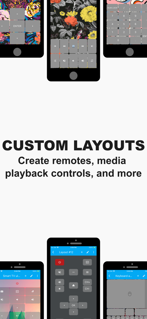 Bluetouch™ - Screenshots of Bluetouch app displaying customizable remote and media control layouts