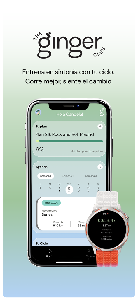 The Ginger Club - The Ginger Club mobile app dashboard showing a personalized running plan synced with the menstrual cycle and a matching smartwatch interface.