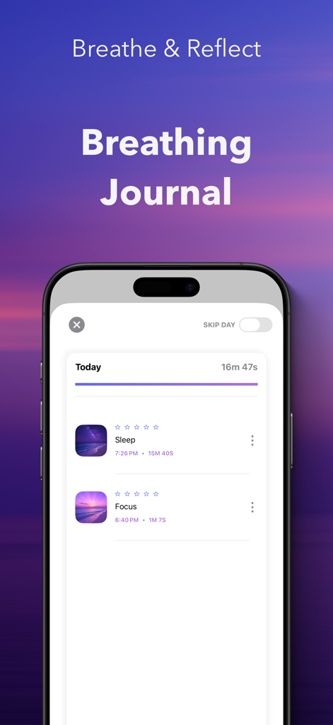 Box Breathing - Breathe Even - Eine mobile App-Oberfläche, die ein Atemjournal mit täglichen Sitzungsprotokollen für Schlaf und Fokus zeigt.