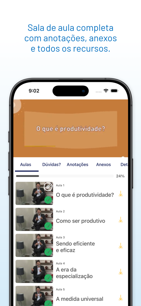 Cursos iPED - Interface do aplicativo móvel Cursos iPED mostrando uma aula em vídeo sobre produtividade com uma lista de módulos de curso para download
