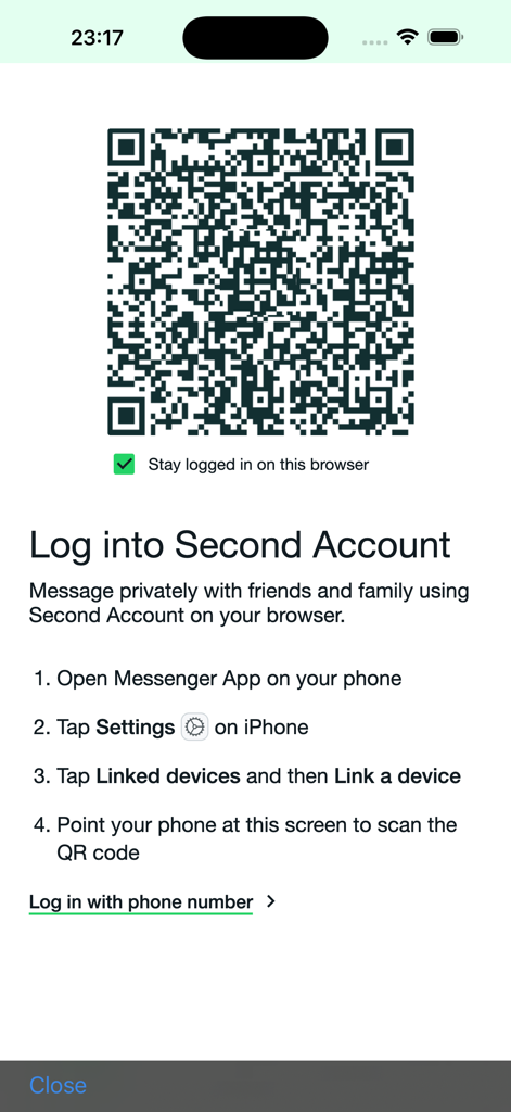 Dual Messenger für WA Web Anmeldebildschirm mit QR-Code und Anweisungen zum Verknüpfen eines zweiten Kontos