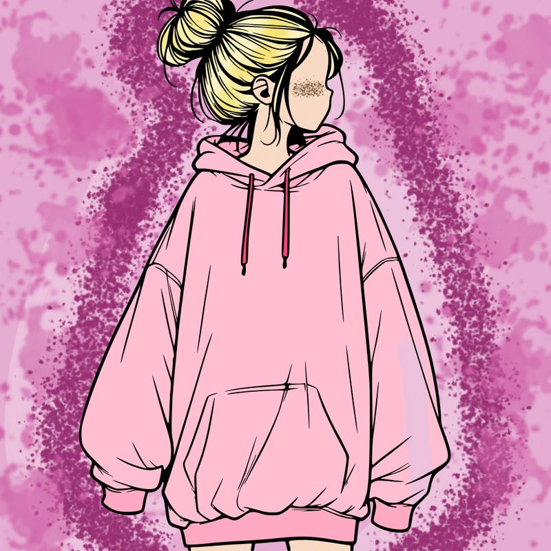 realistic girl with a oversized sweatshirt on and a bun