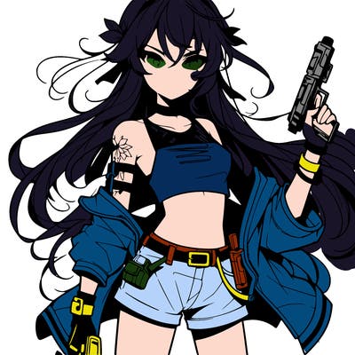 bad girl wearing crop top holding a gun long hair anime