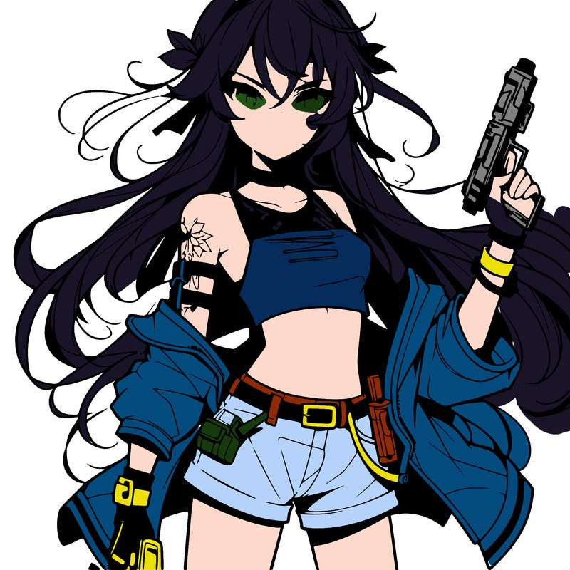 bad girl wearing crop top holding a gun long hair anime