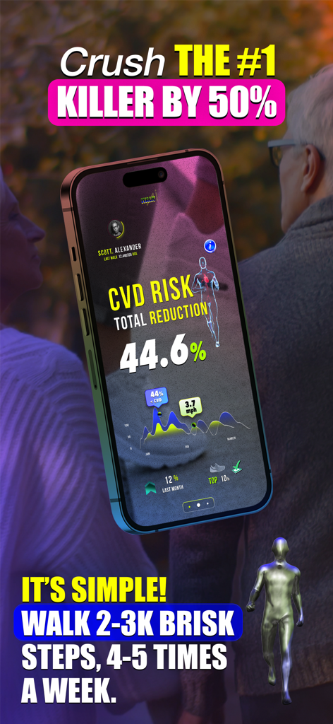 Walk Ailly - 심혈관 질환 위험 감소 및 빠른 걷기 목표를 보여주는 Walk Ailly 앱 인터페이스