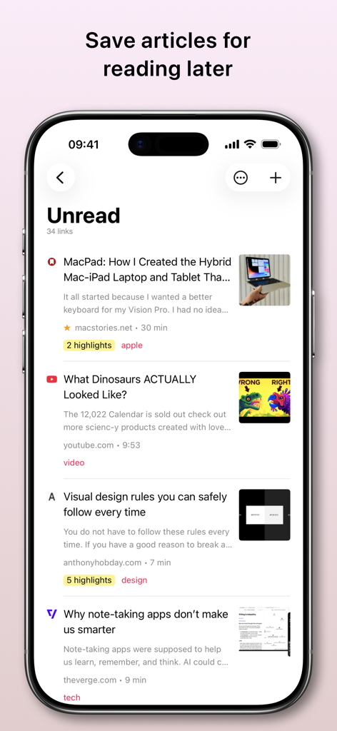 GoodLinks mobile app interface showing a list of saved unread articles with tags and highlights