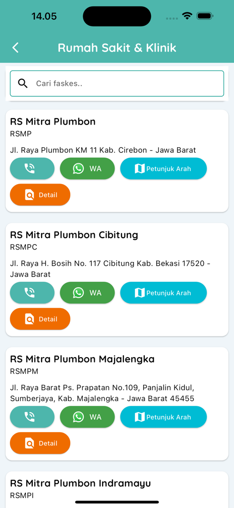 Mobile app screen showing a directory of hospitals and clinics with contact and location buttons
