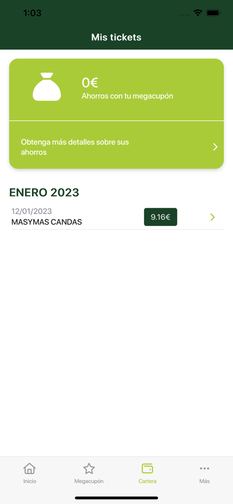 Recibos digitales y resumen de ahorros en la sección de cartera de la app masymas supermercados.