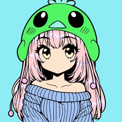 anime girl with chick shaped hat with sweater with bare shoulders with bangs covering them one eye with low tail