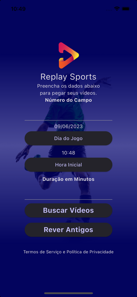 Interfaz móvil de la aplicación My Replay Sports que muestra el formulario para buscar videos de partidos por código de campo y hora