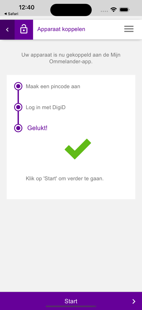 A confirmation screen in the Mijn Ommelander app showing a green checkmark indicating that the device has been successfully linked.