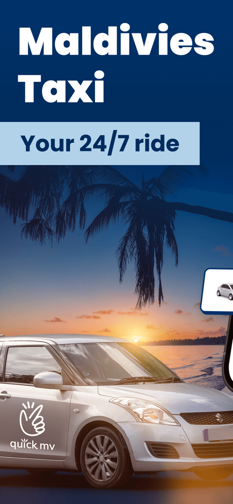 Quick Mv: Maldives Taxi, Male - Quick Mv taxi app advertisement showing a car on a tropical beach at sunset