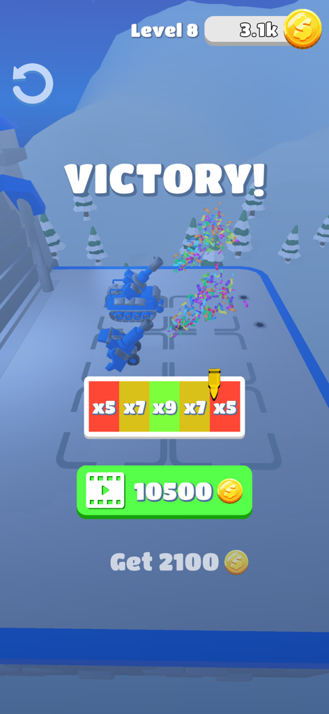 A victory screen in Merge Tanks Army Clash showing level completion reward multipliers and coins