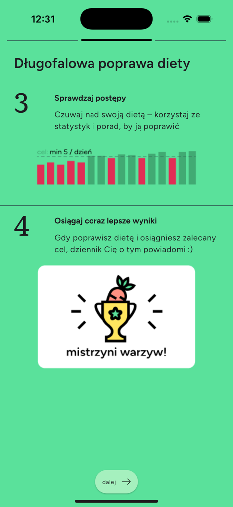 Screenshot of Dziennik Diety app showing progress statistics and vegetable achievement badge