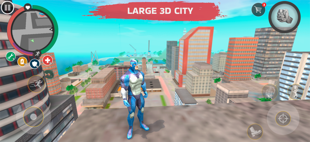 Superhéroe contemplando una gran ciudad en 3D en Rope Hero Vice Town