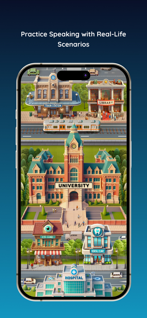 Un mapa de ciudad virtual en la aplicación 7ESL AI con varias ubicaciones de la vida real para practicar inmersivamente el habla en inglés.