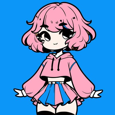 cute femboy with short, fluffy hair that softly frames their face, wearing a cropped hoodie, paired with a flouncy short skirt, and thigh-high stockings