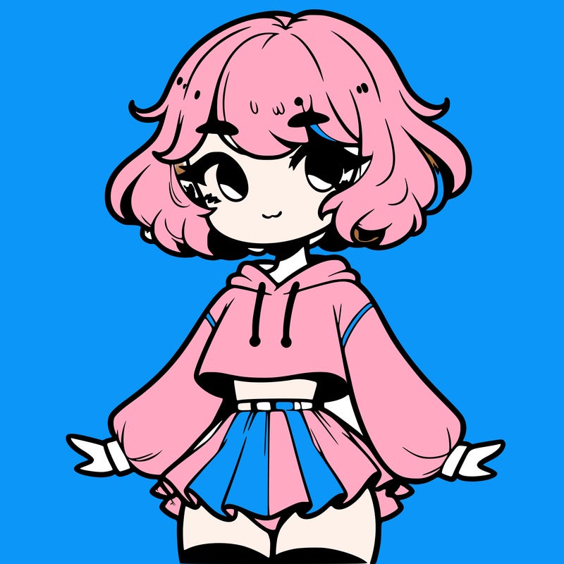 cute femboy with short, fluffy hair that softly frames their face, wearing a cropped hoodie, paired with a flouncy short skirt, and thigh-high stockings