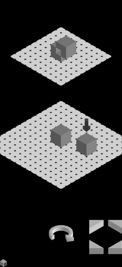 Boolean! - Gameplay screenshot of Boolean showing a minimalist isometric puzzle with cubes on a grid and a target shape above