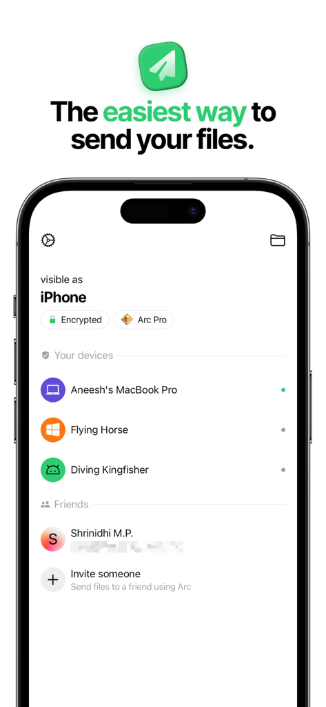 Arc app interface on an iPhone displaying a list of connected cross-platform devices for seamless file sharing