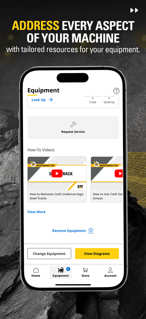 Cat® Central - Interface de l'application Cat Central montrant les ressources de maintenance de l'équipement et les options de demande de service