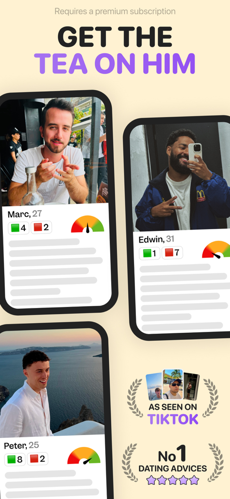 Tea App for Women: TeaOnHim - Interfaccia dell'app mobile TeaOnHim che mostra profili di appuntamenti con indicatori di bandiere verdi e rosse e un indicatore di rischio di sicurezza per gli uomini.