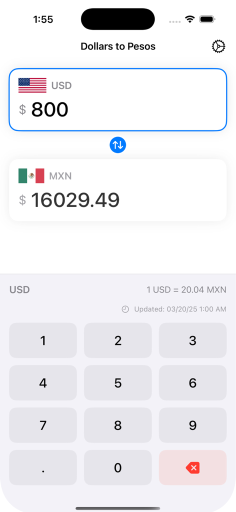 Interfaccia del convertitore di valuta che mostra la conversione da 800 dollari USA a pesos messicani