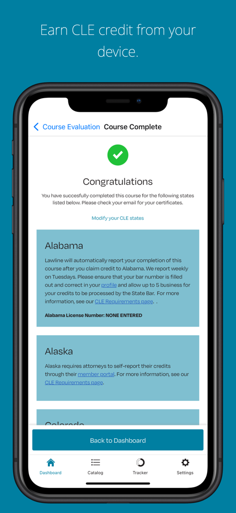 Lawline CLE - A mobile app screen showing a successfully completed CLE course on Lawline with state-specific credit reporting information.