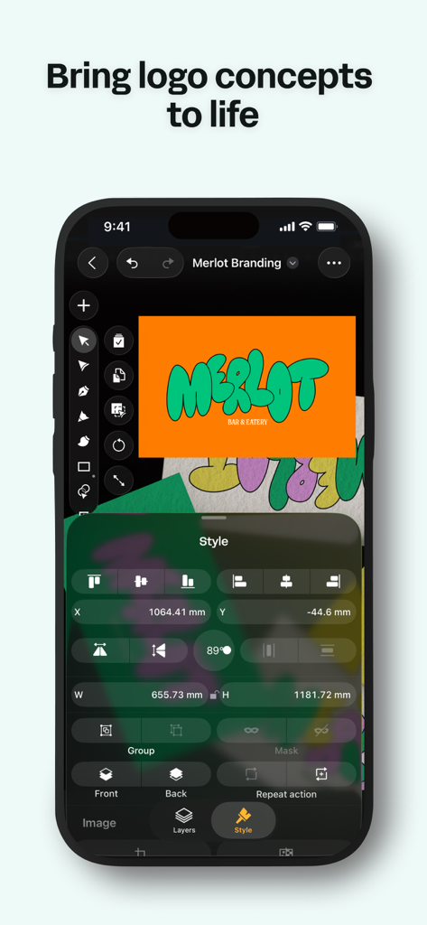 Logo design interface in the Linearity Curve app on an iPhone showing tools for styling and layout