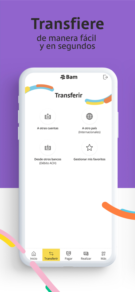 Bamapp Personas - Bamapp Personas mobile banking interface showing options for international transfers and local bank accounts.