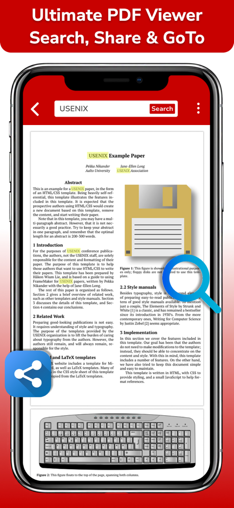 PDF Scanner & PDF Reader - PDF reader app interface displaying text search with yellow highlights and sharing options