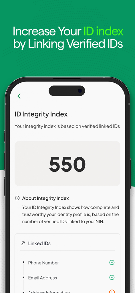 NINAuth - NINAuth app screenshot showing the ID Integrity Index score based on verified linked identity documents like phone and email
