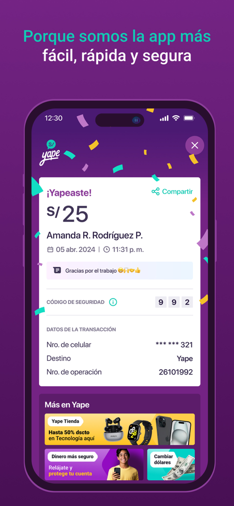 Pantalla de confirmación de transacción en la aplicación de billetera digital Yape que muestra un pago de 25 soles
