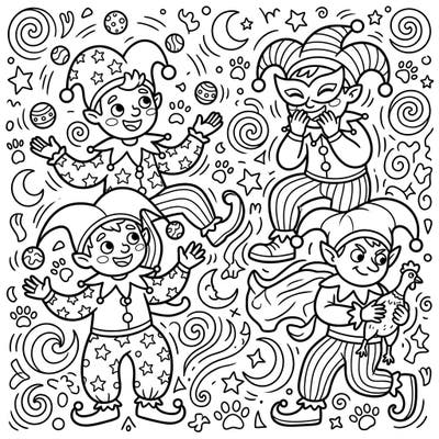Dive into a world of playful antics with this delightful coloring page featuring four charming trickster figures. Kids aged 4-8 will love bringing these mischievous jesters and their whimsical world to life with vibrant colors.