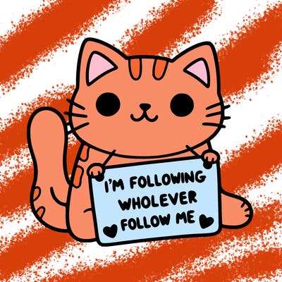 cat with a sign that says i’m following whoever follows me
