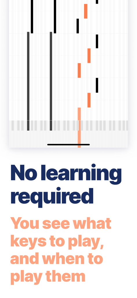Piano Tabs: Learn & Practice - Interfaz visual de aprendizaje de piano mostrando barras cayendo para indicar qué teclas tocar y cuándo.