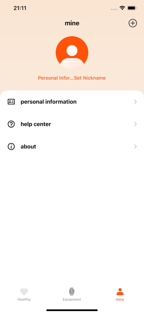 Fit-here app user profile screen with settings and help center menu options.