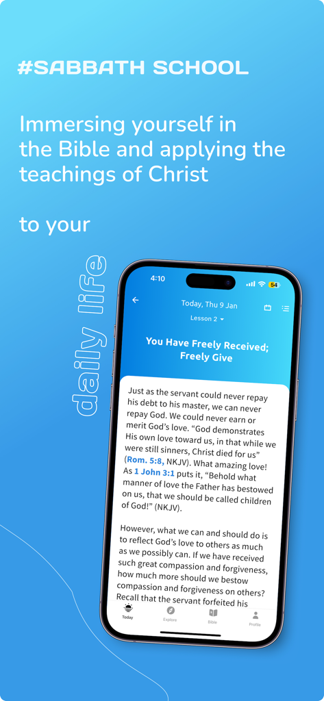 Adventist Devotional  Readings - A smartphone displaying a Sabbath School lesson titled You Have Freely Received Freely Give within the Adventist Devotional Readings app.