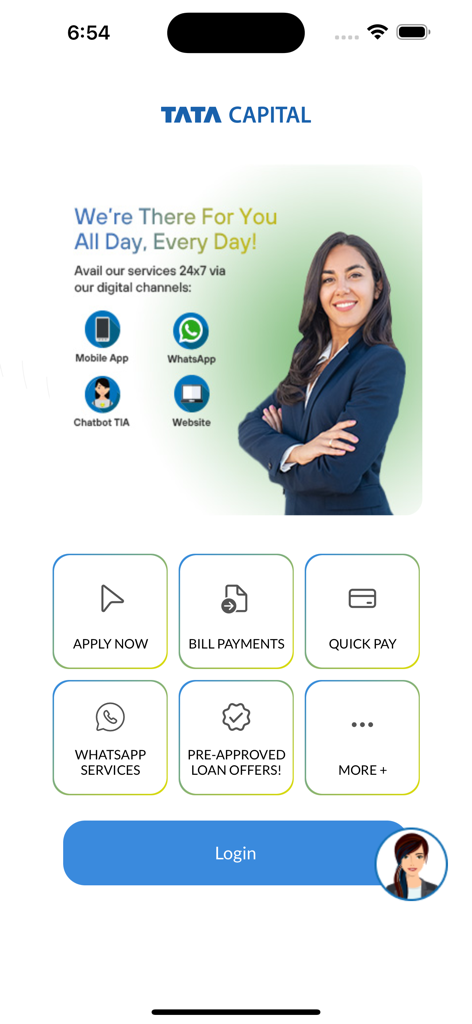 TATA Capital Loan & Wealth App - Dashboard of TATA Capital Loan and Wealth app with options to apply now and pay bills