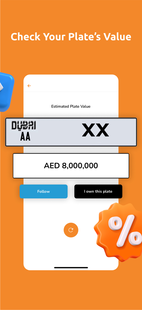 BuyAnyCar - Mobile app interface showing the estimated value of a Dubai car number plate